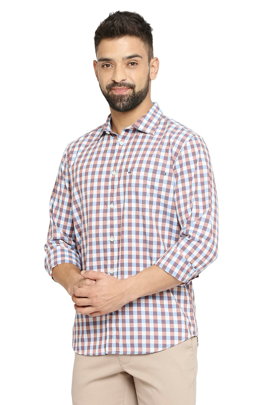 BASICS SLIM FIT DUSK BLUE COTTON CHECKS SHIRT