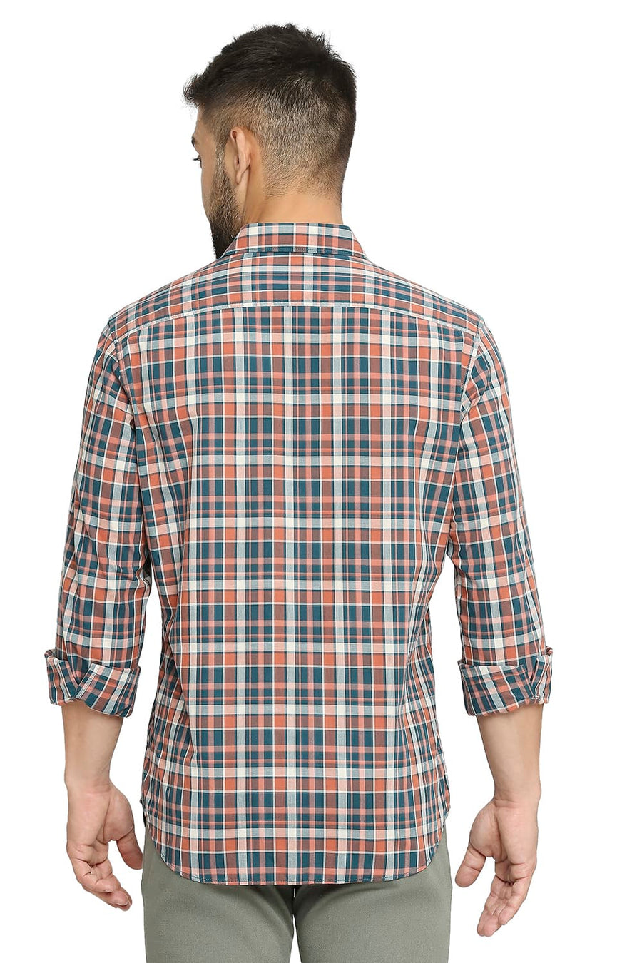 BASICS SLIM FIT TEAL STORM COTTON CHECKS SHIRT