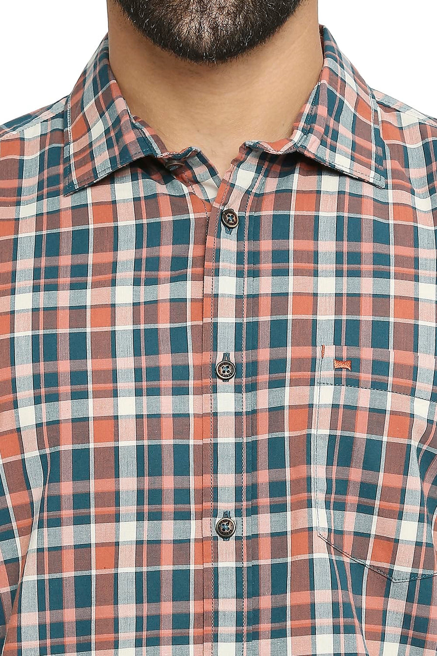 BASICS SLIM FIT TEAL STORM COTTON CHECKS SHIRT
