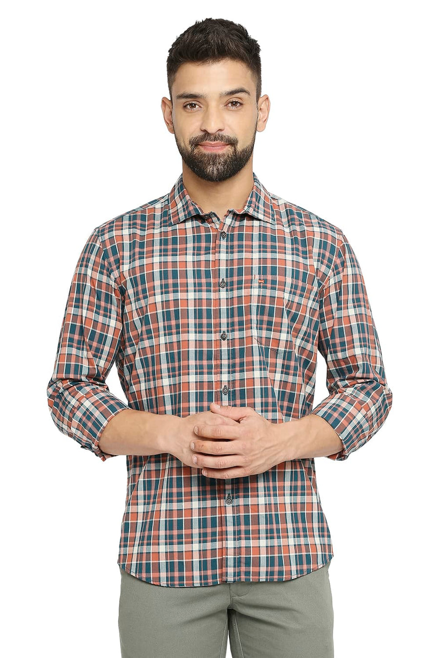 BASICS SLIM FIT TEAL STORM COTTON CHECKS SHIRT