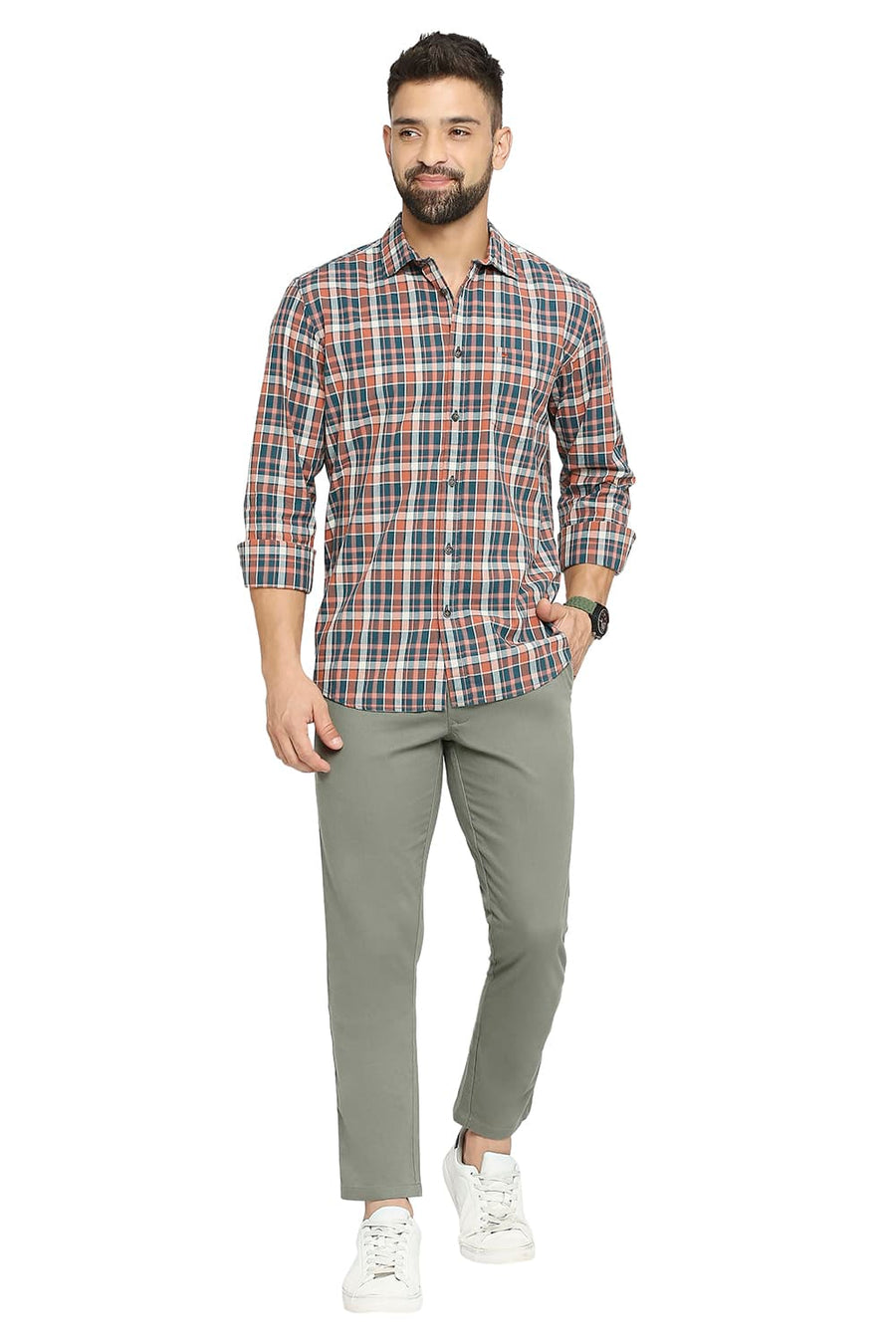 BASICS SLIM FIT TEAL STORM COTTON CHECKS SHIRT
