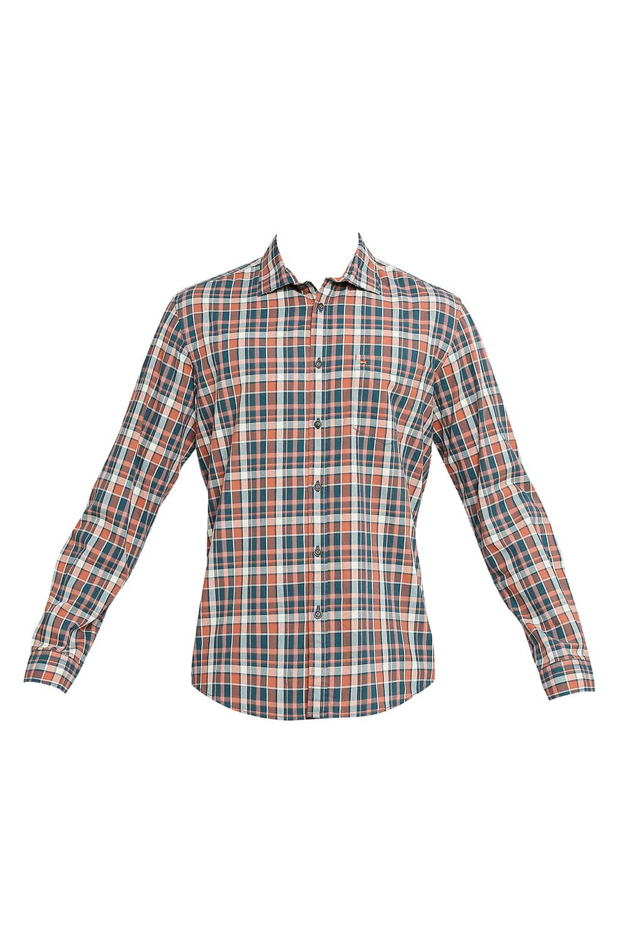 BASICS SLIM FIT TEAL STORM COTTON CHECKS SHIRT