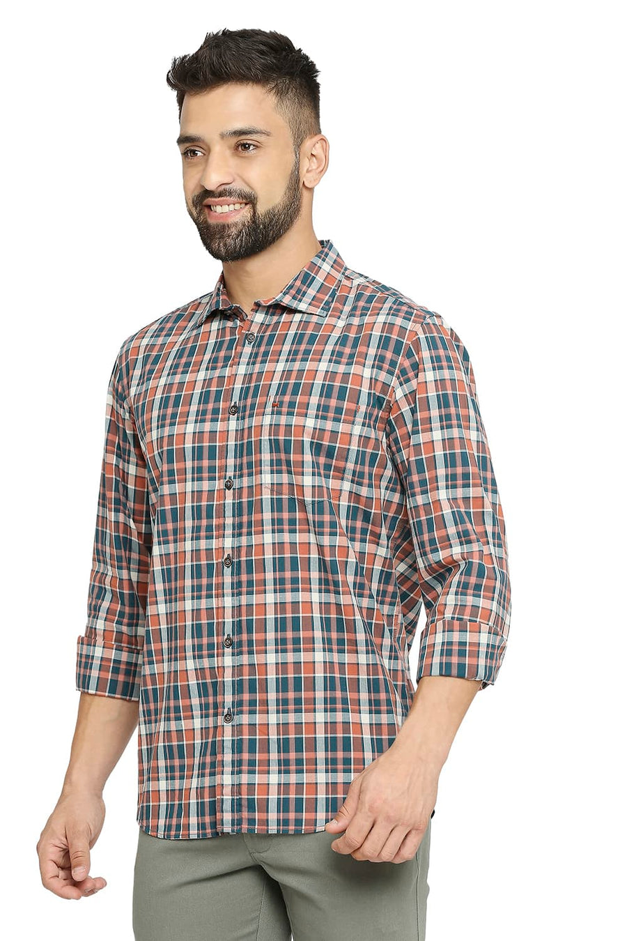BASICS SLIM FIT TEAL STORM COTTON CHECKS SHIRT