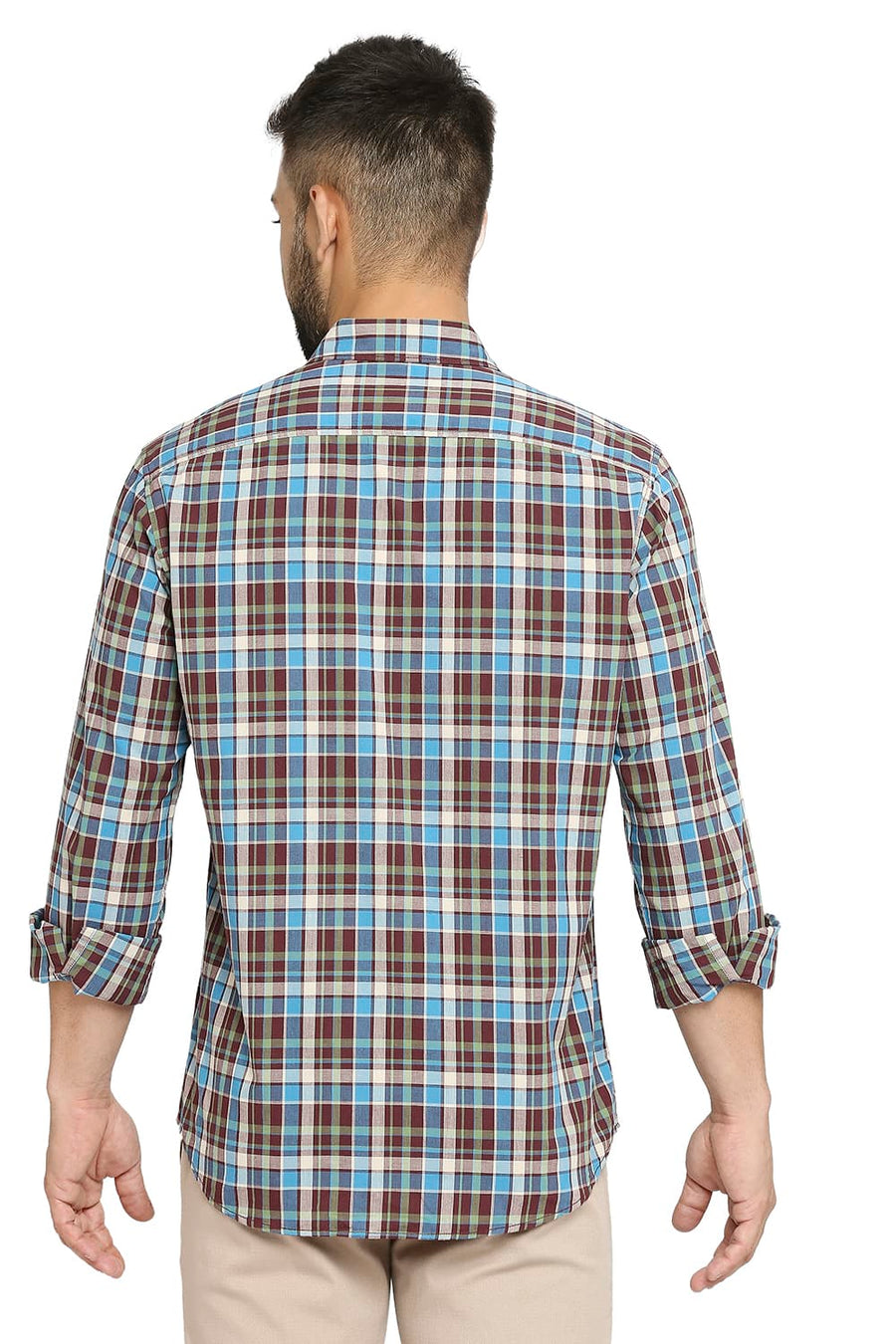BASICS SLIM FIT ANDORRA WINE COTTON CHECKS SHIRT