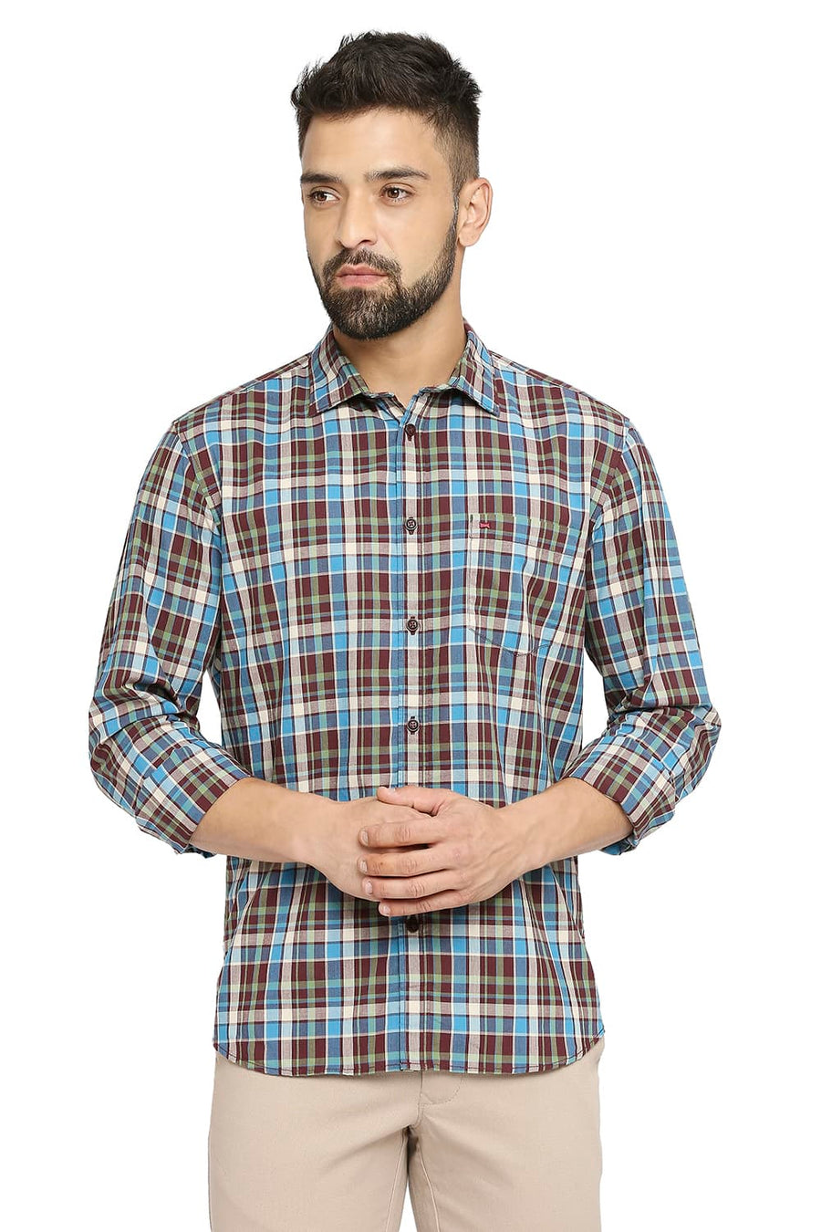 BASICS SLIM FIT ANDORRA WINE COTTON CHECKS SHIRT