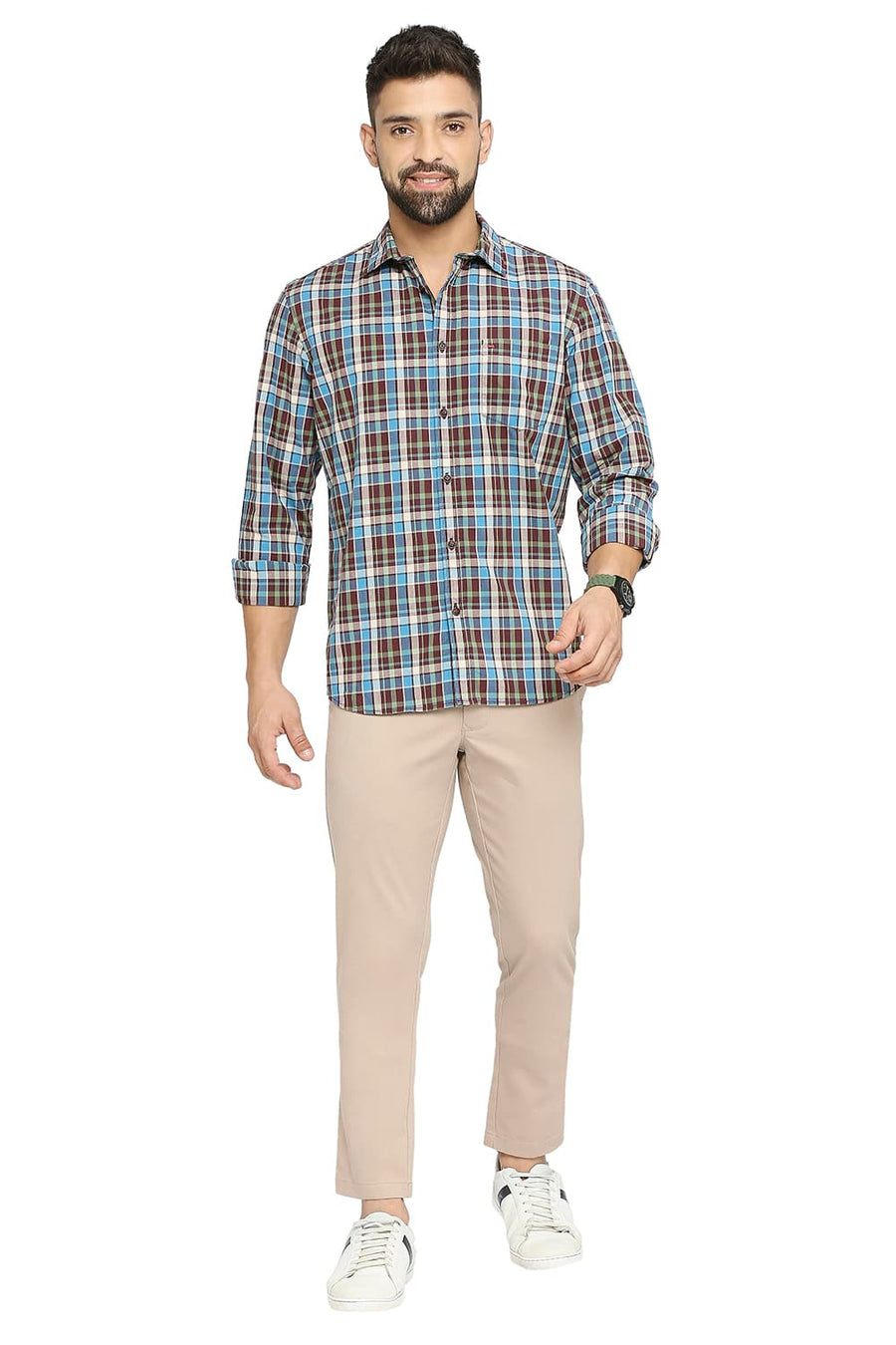 BASICS SLIM FIT ANDORRA WINE COTTON CHECKS SHIRT