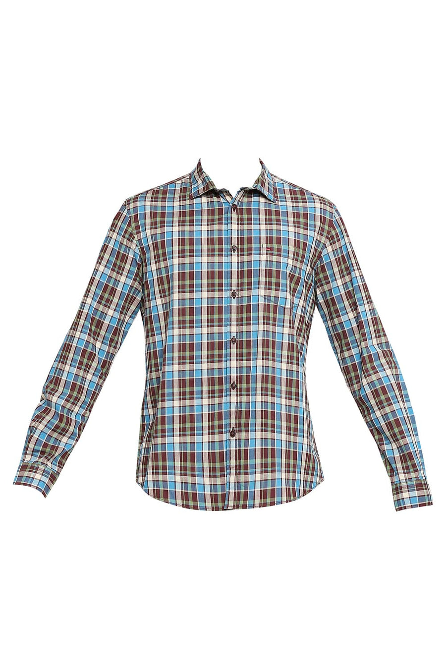 BASICS SLIM FIT ANDORRA WINE COTTON CHECKS SHIRT
