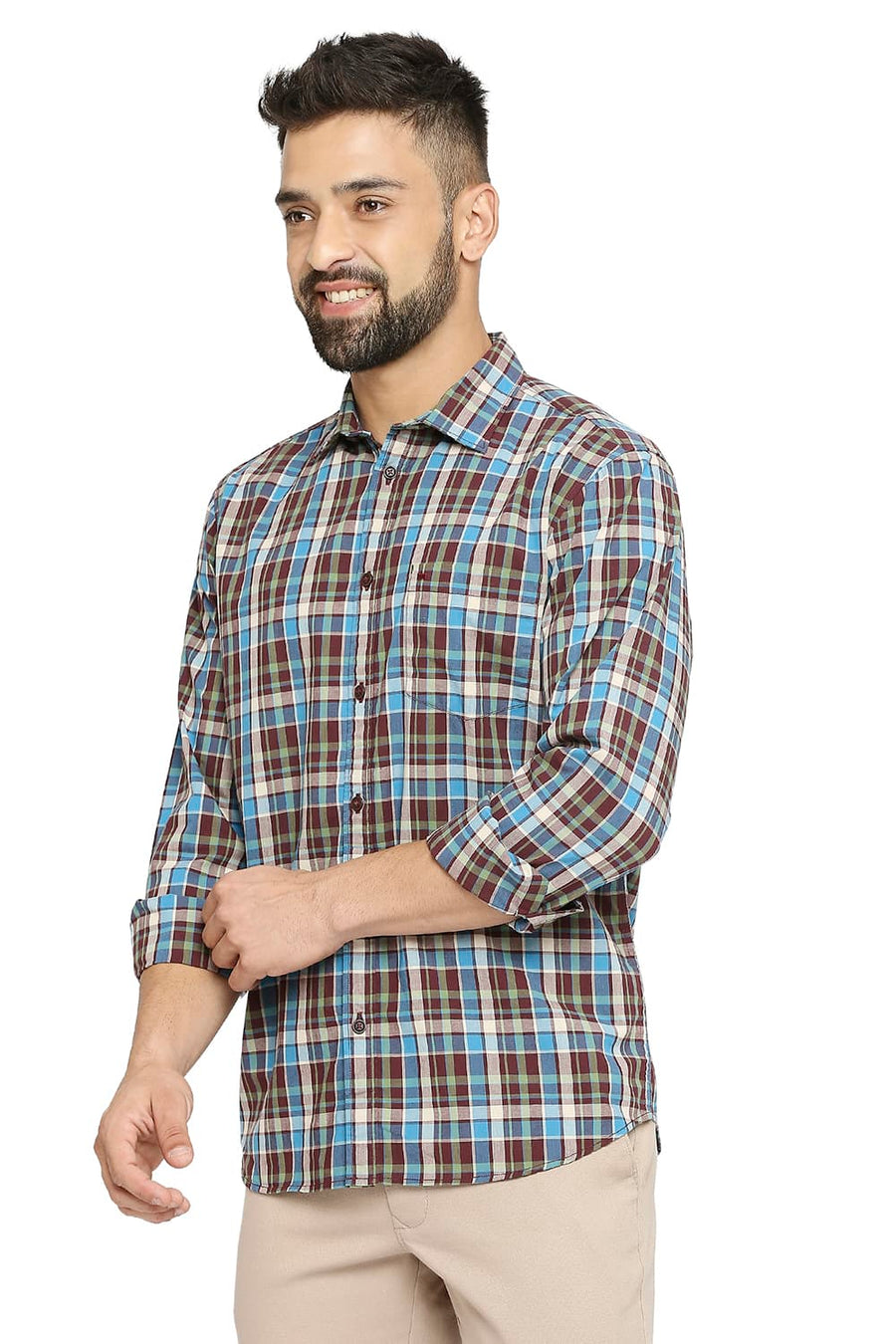 BASICS SLIM FIT ANDORRA WINE COTTON CHECKS SHIRT