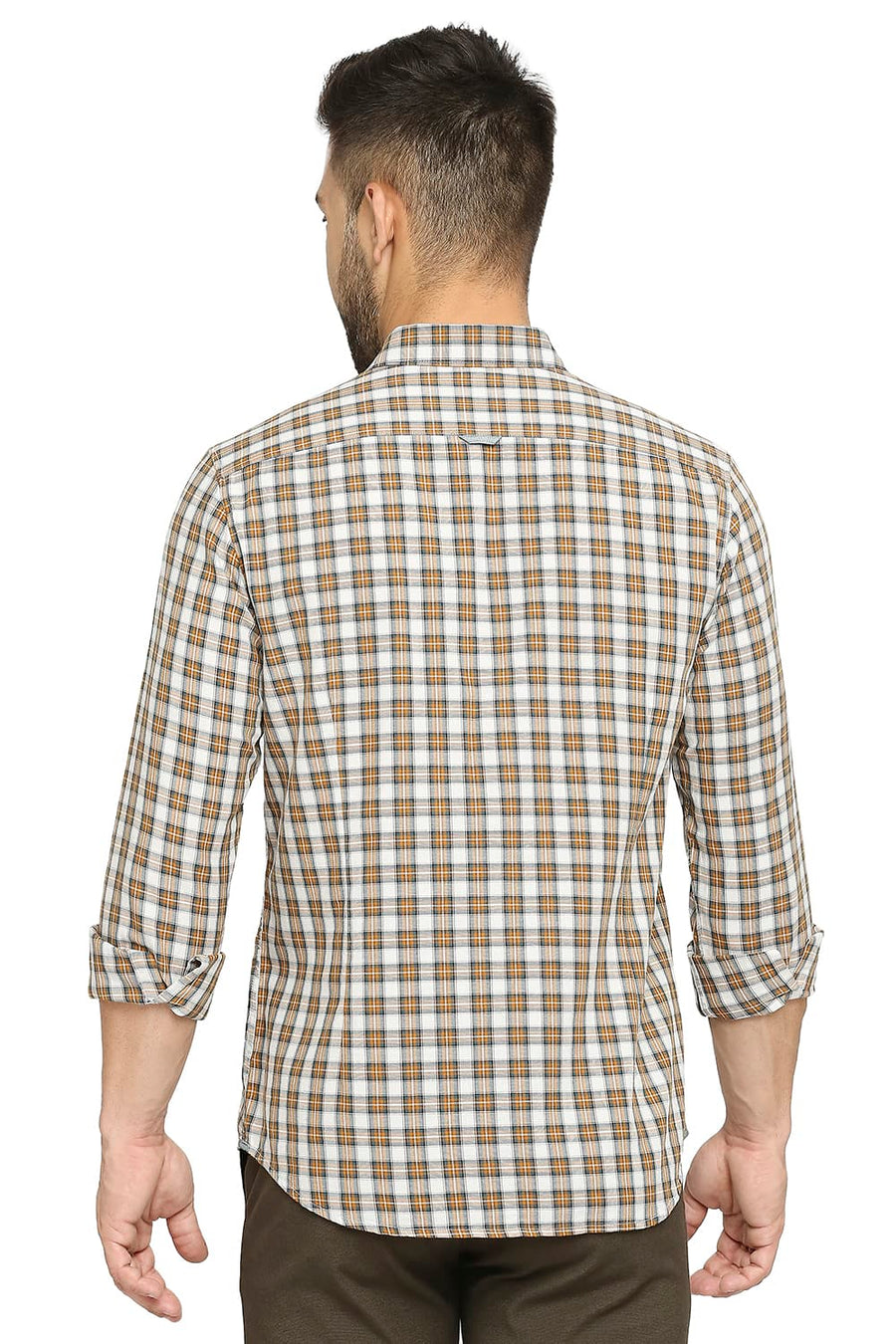 BASICS SLIM FIT APRICOT BROWN COTTON TWILL CHECKS SHIRT