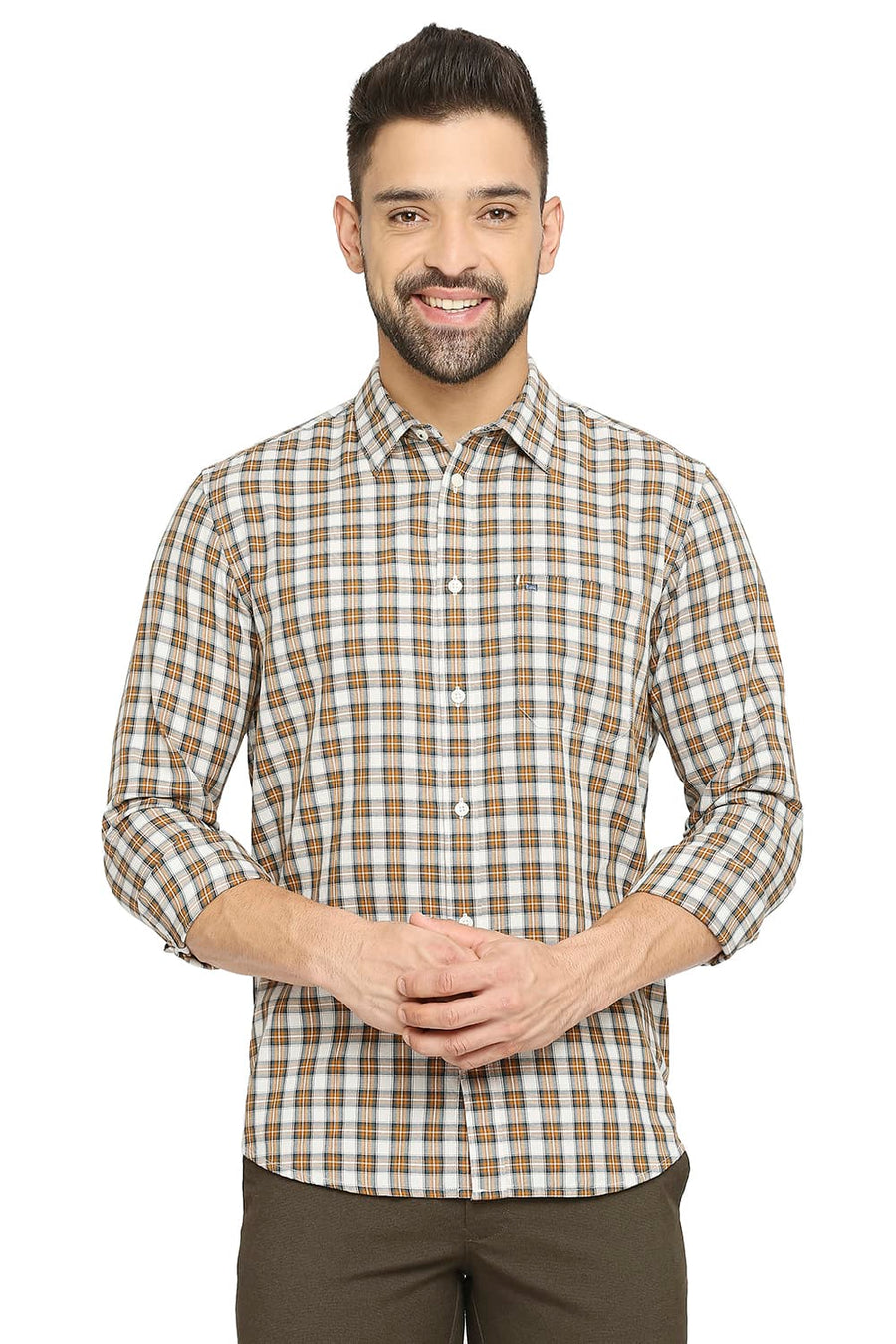 BASICS SLIM FIT APRICOT BROWN COTTON TWILL CHECKS SHIRT