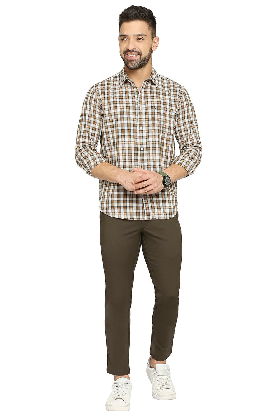 BASICS SLIM FIT APRICOT BROWN COTTON TWILL CHECKS SHIRT