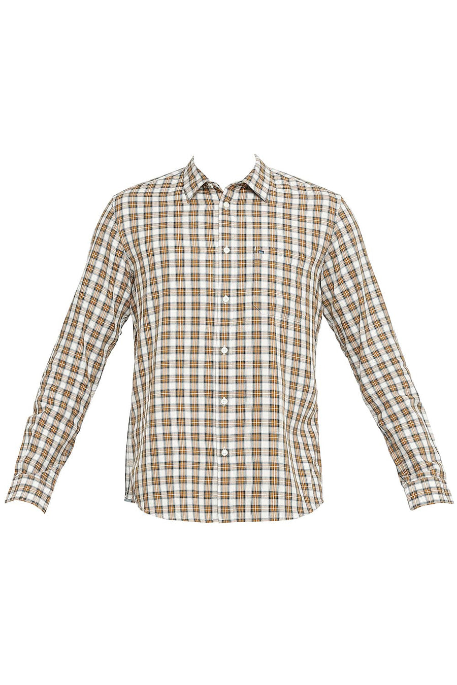 BASICS SLIM FIT APRICOT BROWN COTTON TWILL CHECKS SHIRT