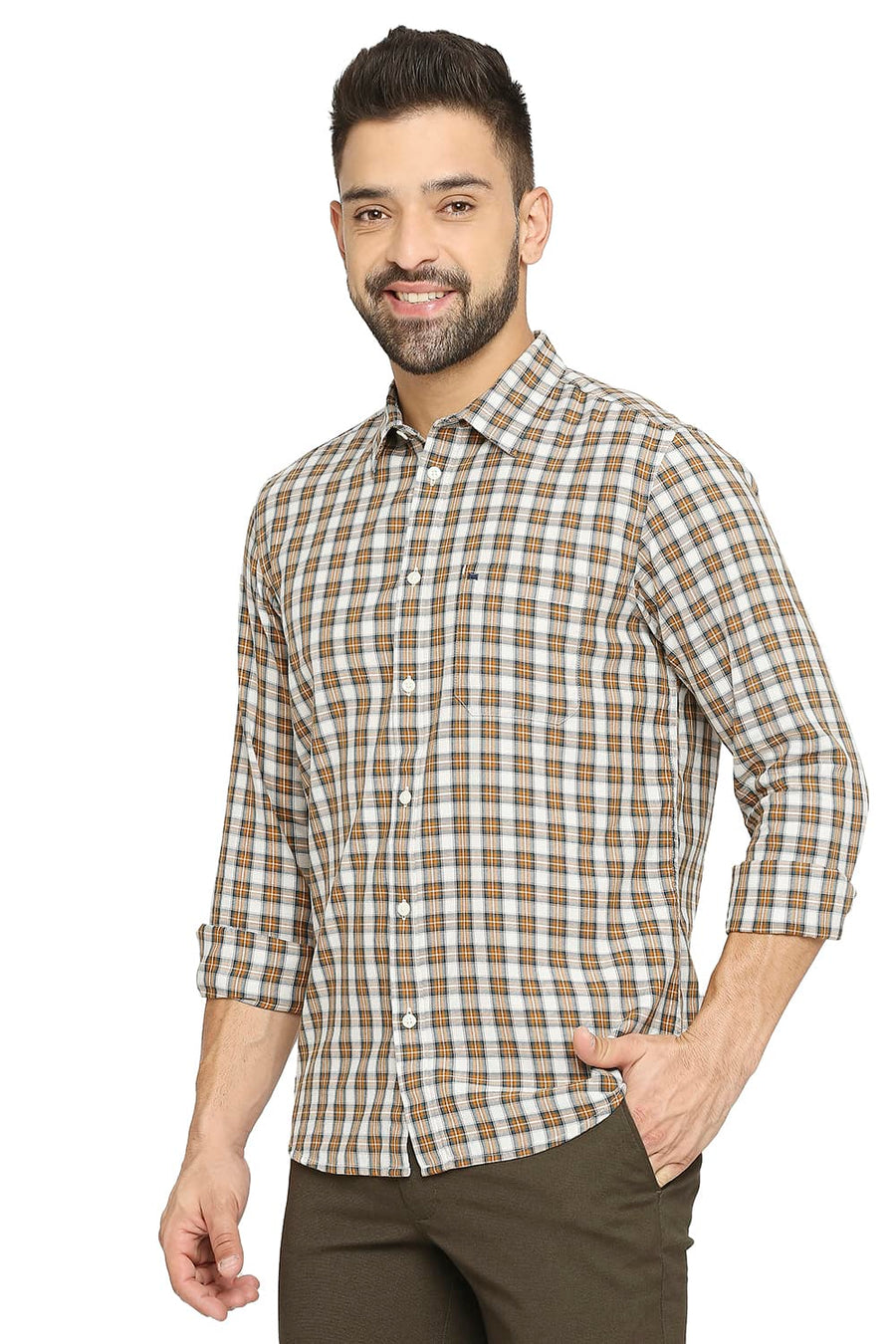 BASICS SLIM FIT APRICOT BROWN COTTON TWILL CHECKS SHIRT