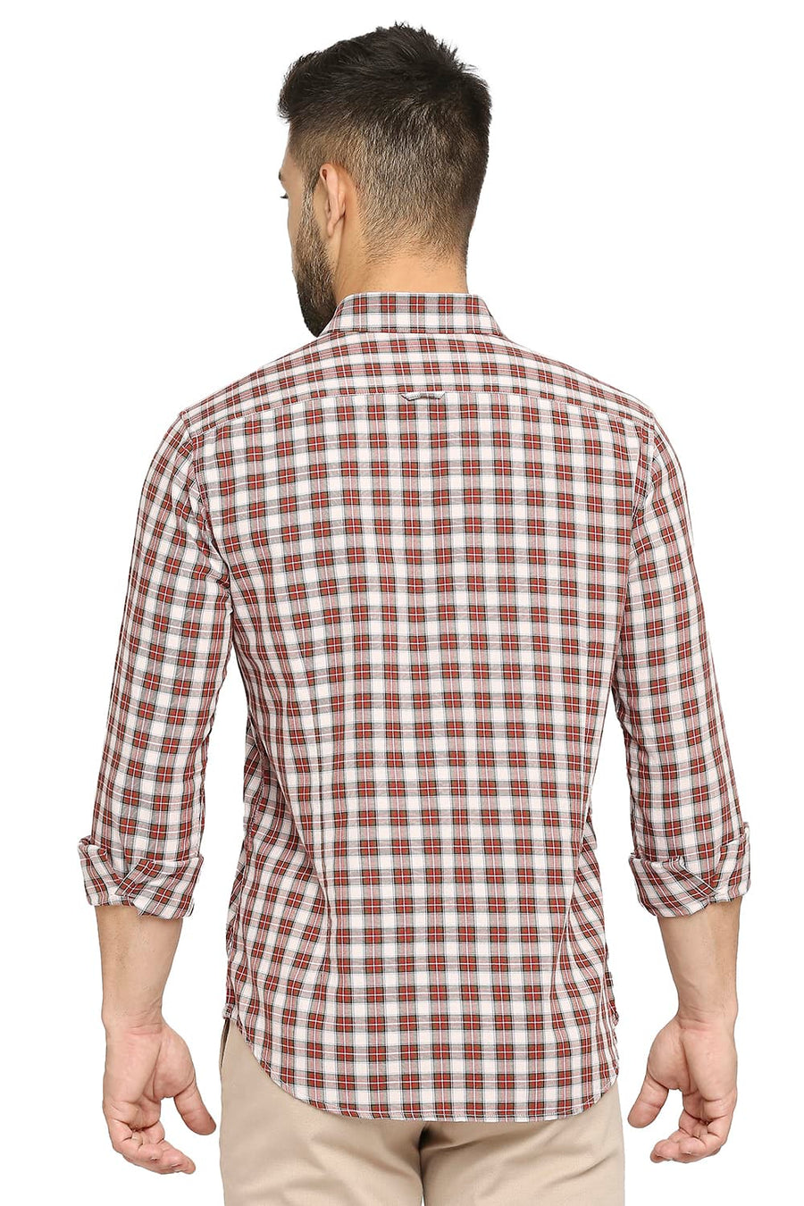 BASICS SLIM FIT RACING RED COTTON TWILL CHECKS SHIRT