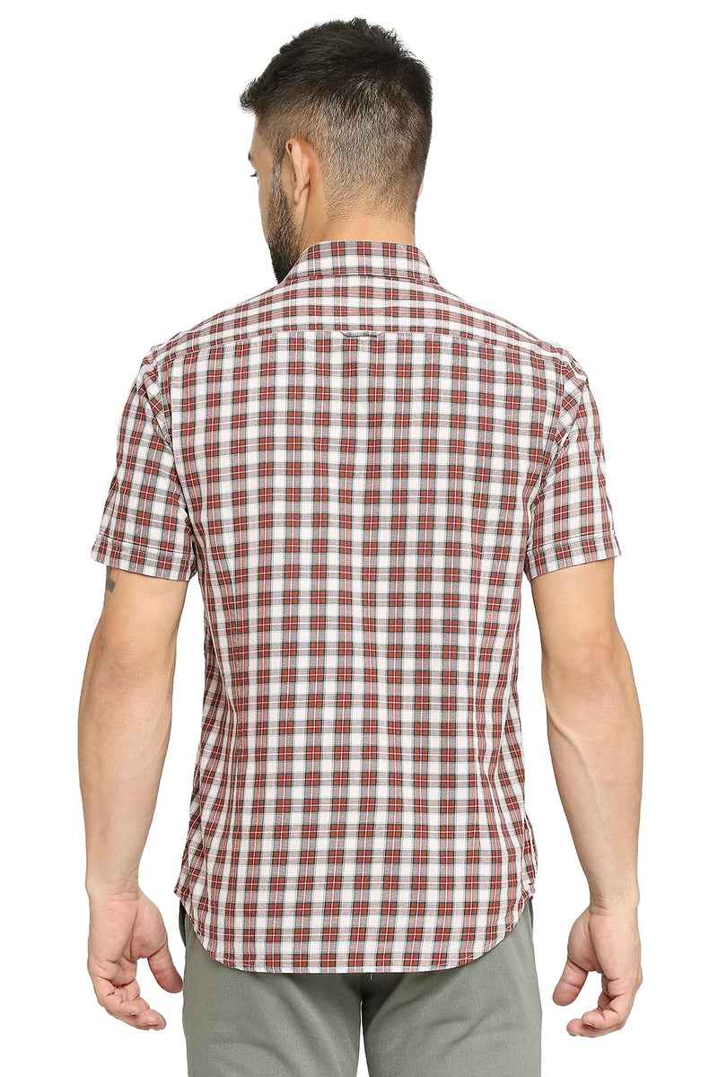 BASICS SLIM FIT COTTON TWILL CHECKS HALFSLEEVES SHIRT