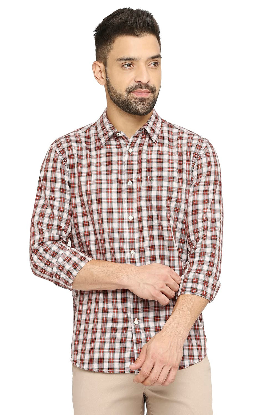BASICS SLIM FIT RACING RED COTTON TWILL CHECKS SHIRT