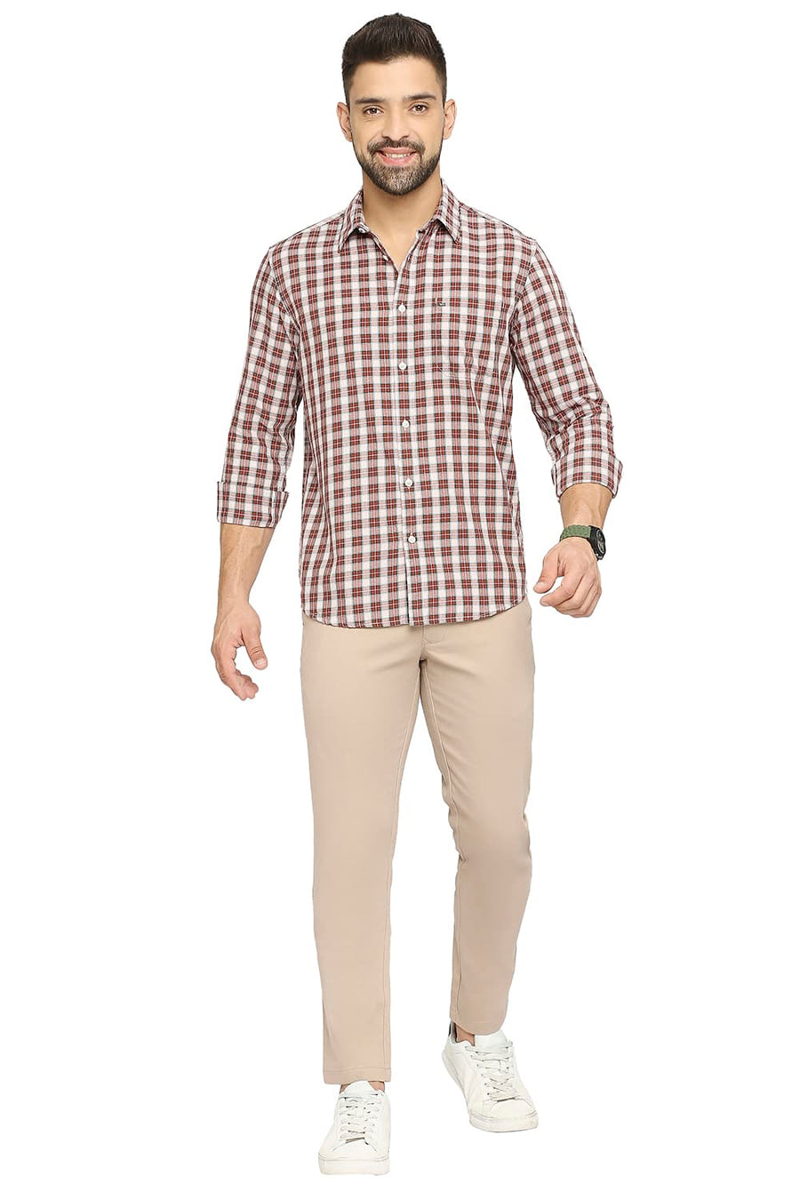 BASICS SLIM FIT RACING RED COTTON TWILL CHECKS SHIRT