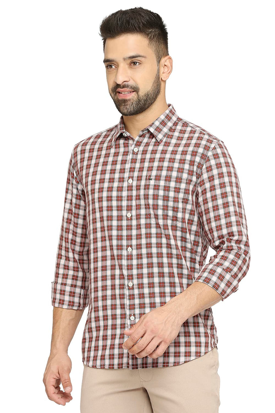 BASICS SLIM FIT RACING RED COTTON TWILL CHECKS SHIRT