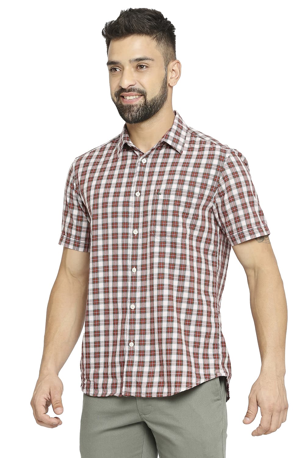 BASICS SLIM FIT COTTON TWILL CHECKS HALFSLEEVES SHIRT