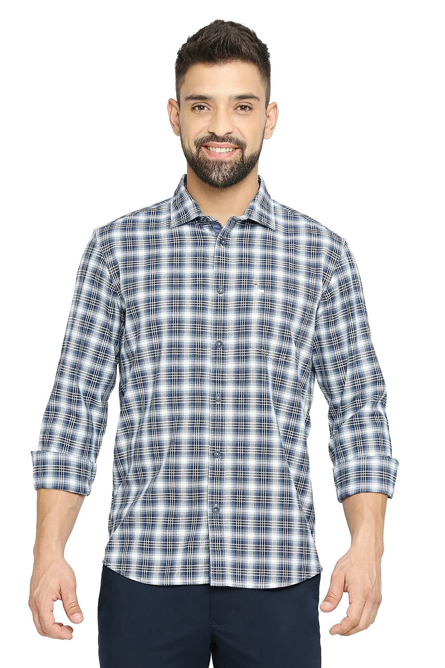 BASICS SLIM FIT NIAGARA BLUE COTTON TWILL CHECKS SHIRT