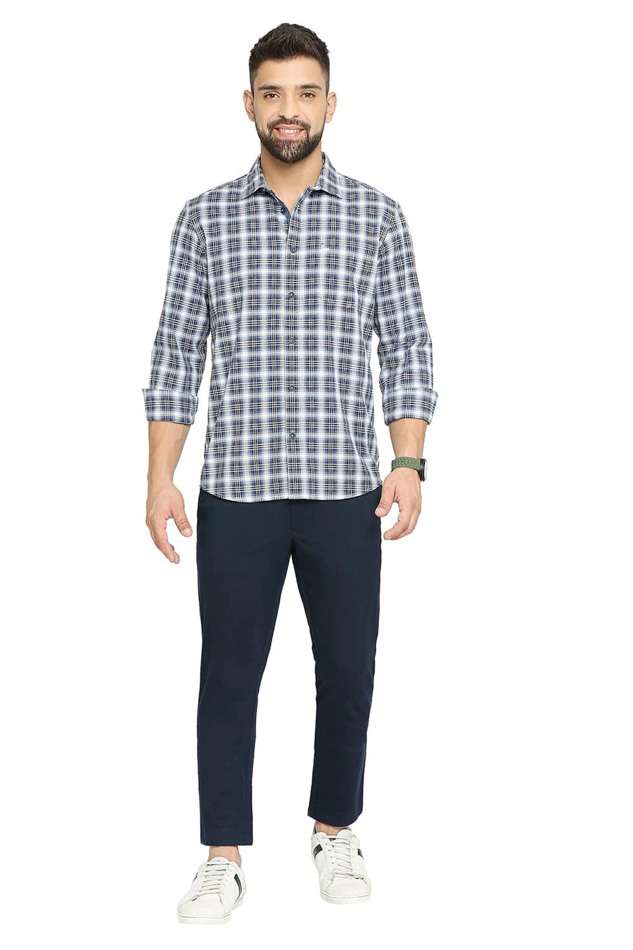 BASICS SLIM FIT NIAGARA BLUE COTTON TWILL CHECKS SHIRT