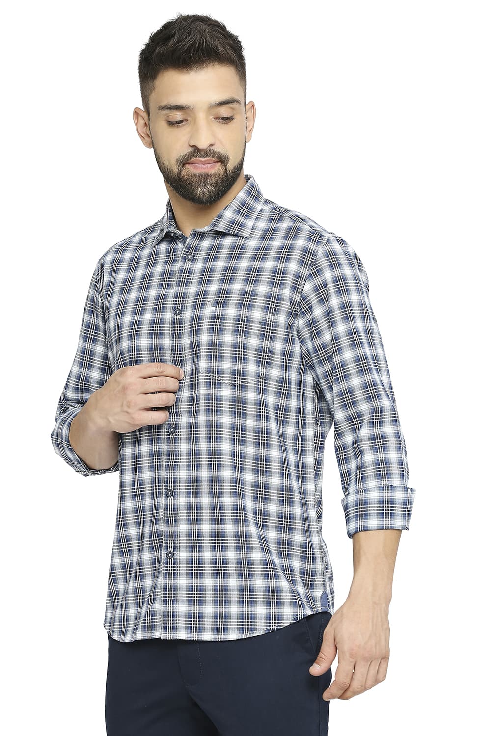 BASICS SLIM FIT COTTON TWILL CHECKS SHIRT