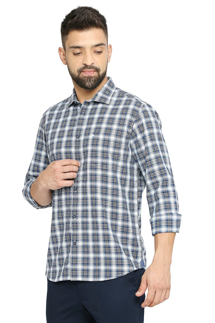 BASICS SLIM FIT NIAGARA BLUE COTTON TWILL CHECKS SHIRT