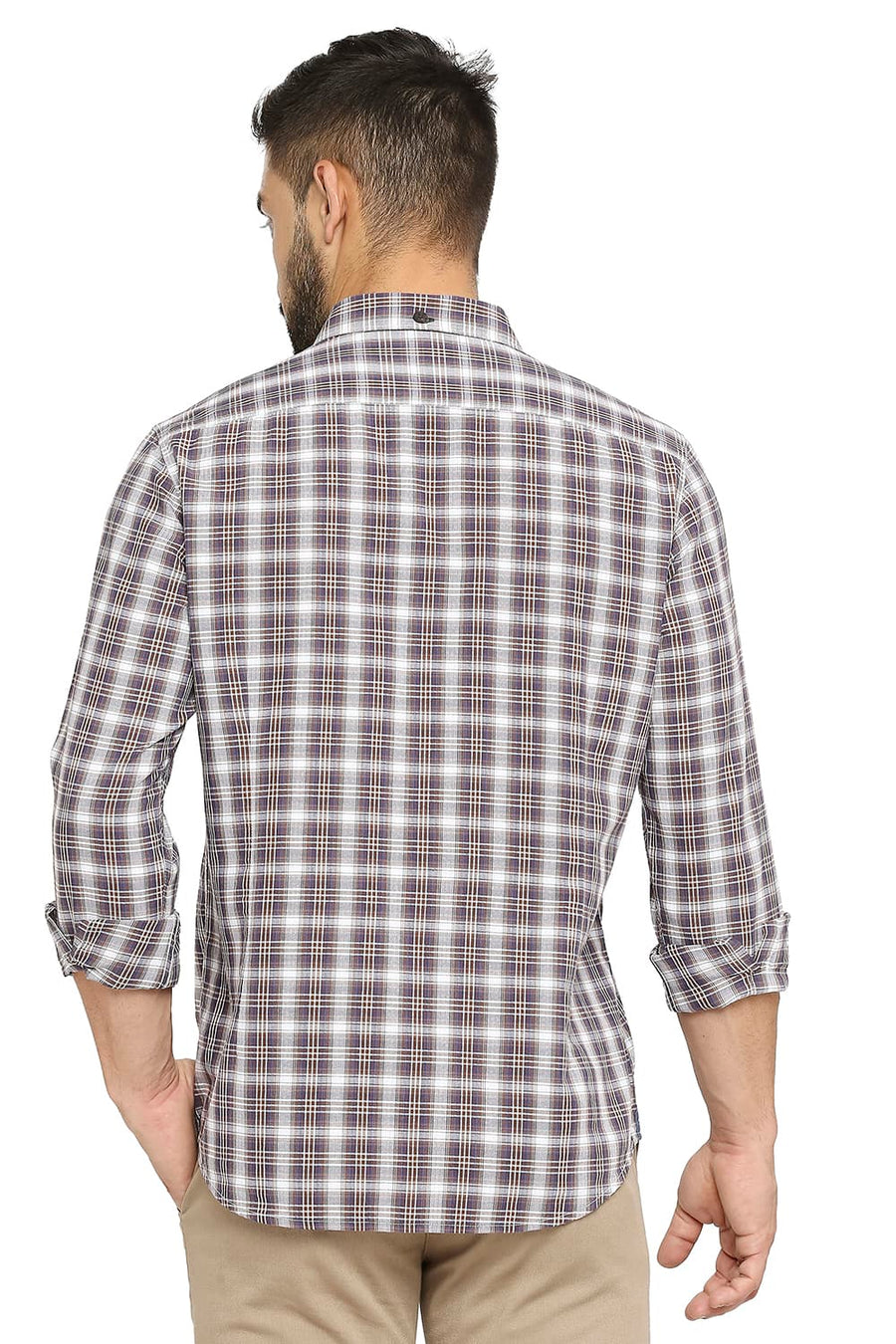 BASICS SLIM FIT PATINA BROWN COTTON TWILL CHECKS SHIRT