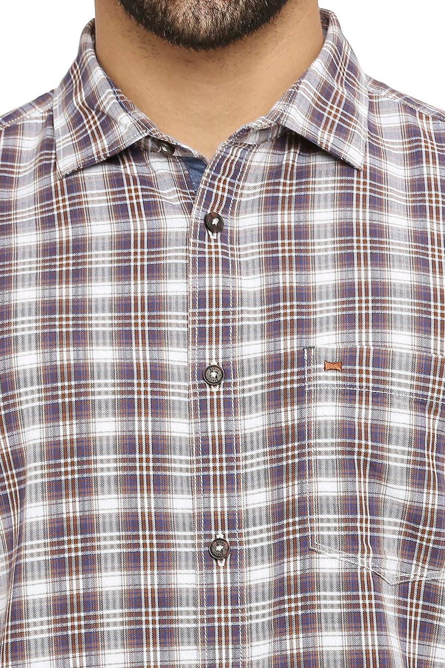 BASICS SLIM FIT PATINA BROWN COTTON TWILL CHECKS SHIRT