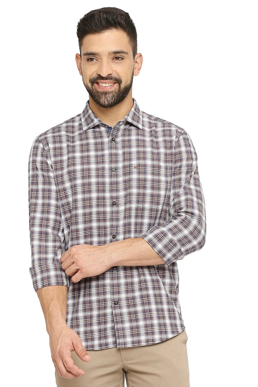 BASICS SLIM FIT PATINA BROWN COTTON TWILL CHECKS SHIRT