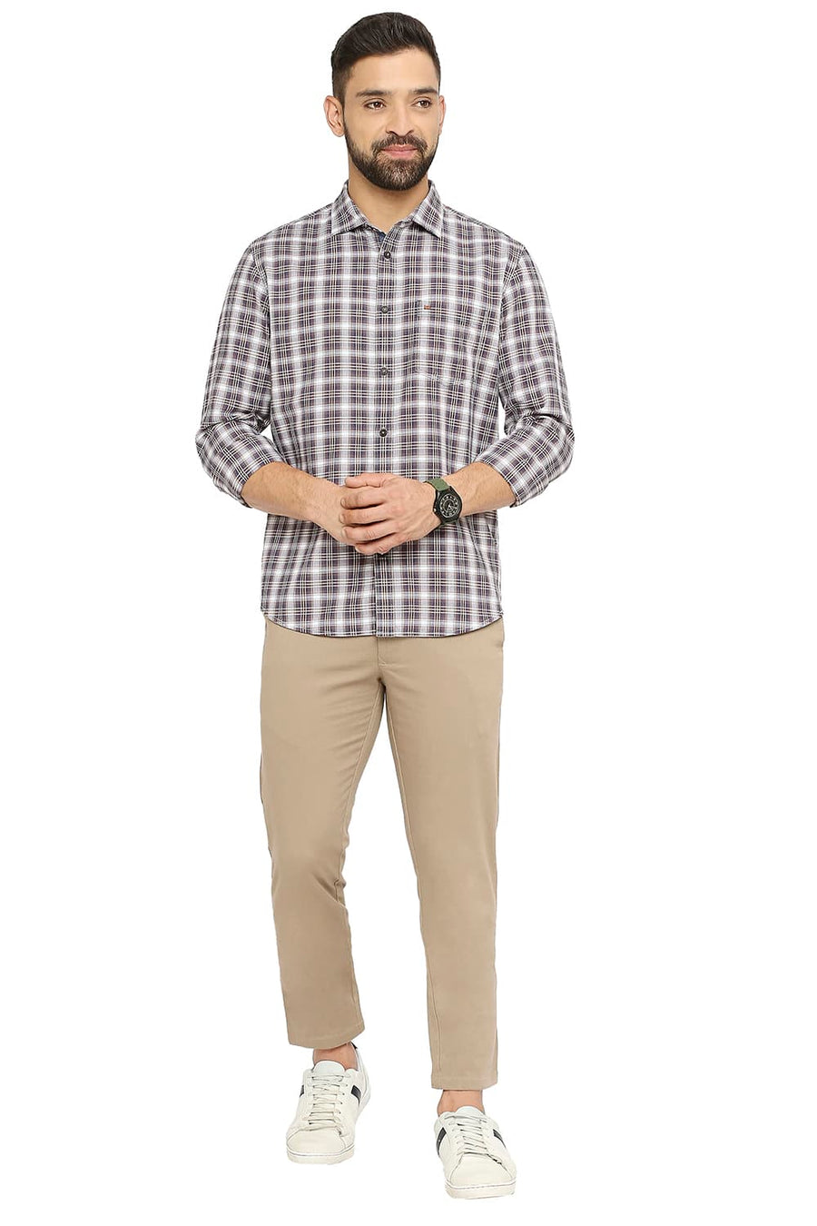 BASICS SLIM FIT PATINA BROWN COTTON TWILL CHECKS SHIRT