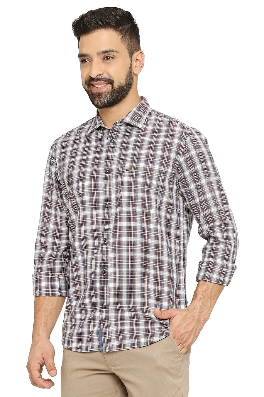 BASICS SLIM FIT PATINA BROWN COTTON TWILL CHECKS SHIRT