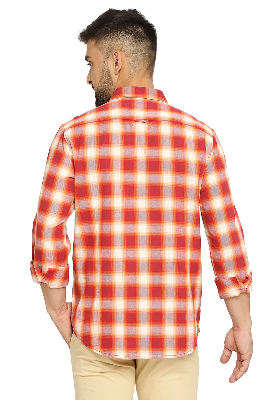 BASICS SLIM FIT ROCOCCO RED COTTON BRUSHED TWILL CHECKS SHIRT