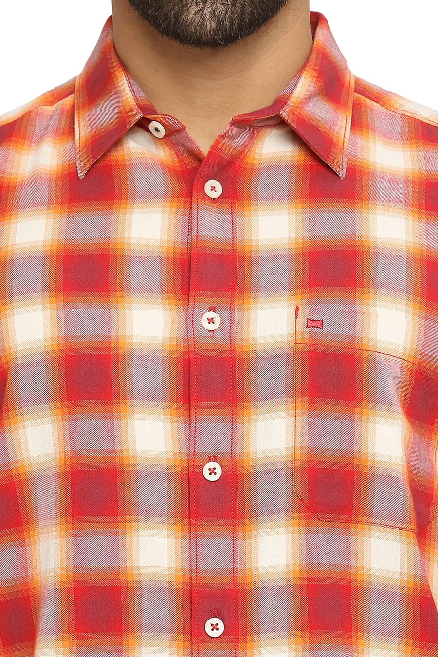 BASICS SLIM FIT ROCOCCO RED COTTON BRUSHED TWILL CHECKS SHIRT