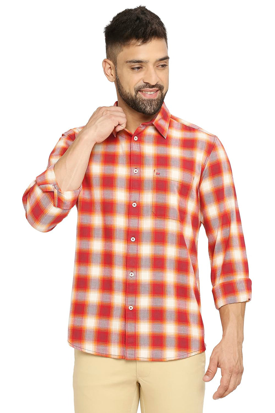 BASICS SLIM FIT ROCOCCO RED COTTON BRUSHED TWILL CHECKS SHIRT