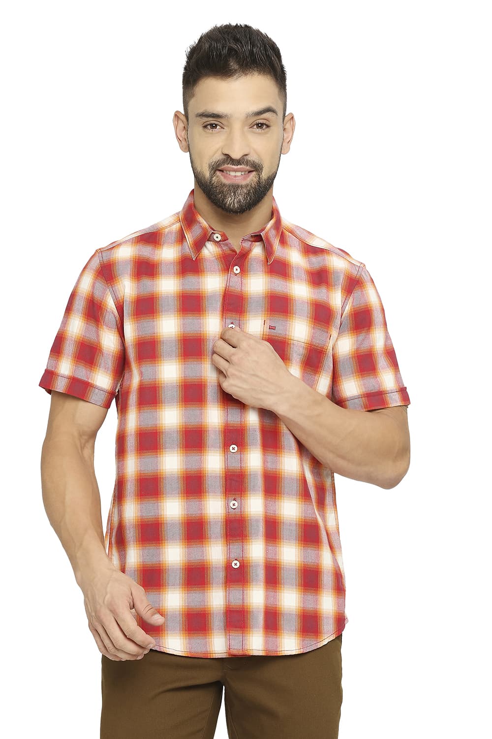 BASICS SLIM FIT COTTON BRUSHED TWILL CHECKS SHIRT