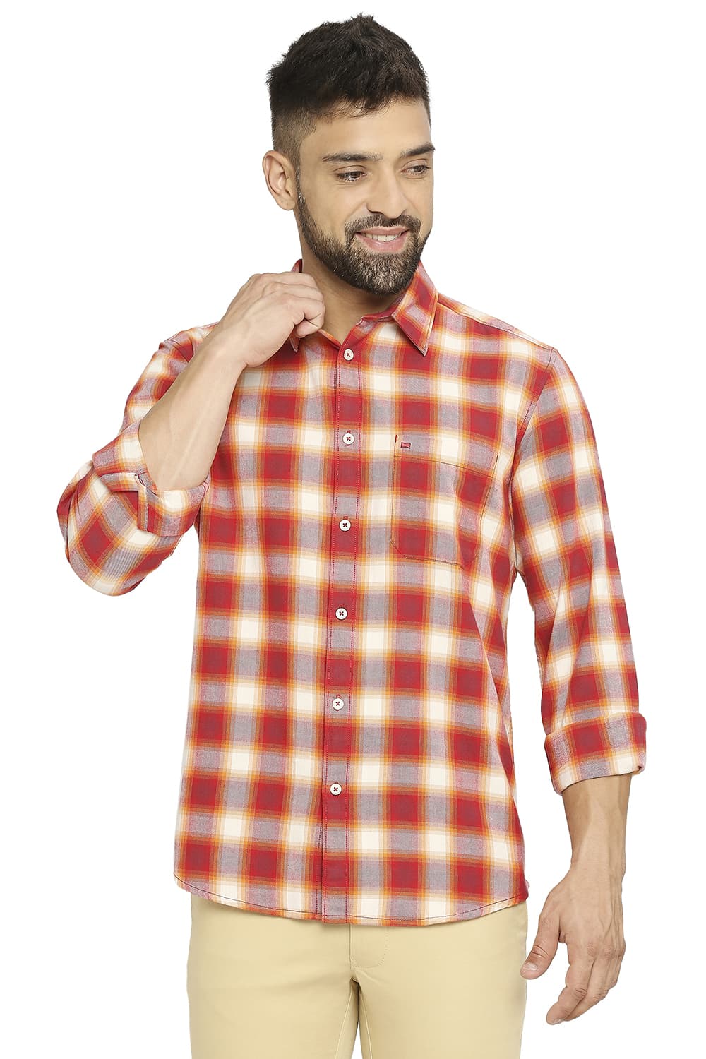 BASICS SLIM FIT COTTON BRUSHED TWILL CHECKS SHIRT