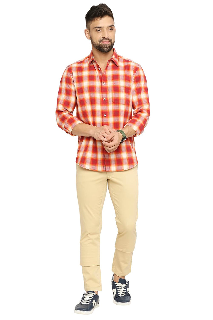 BASICS SLIM FIT ROCOCCO RED COTTON BRUSHED TWILL CHECKS SHIRT