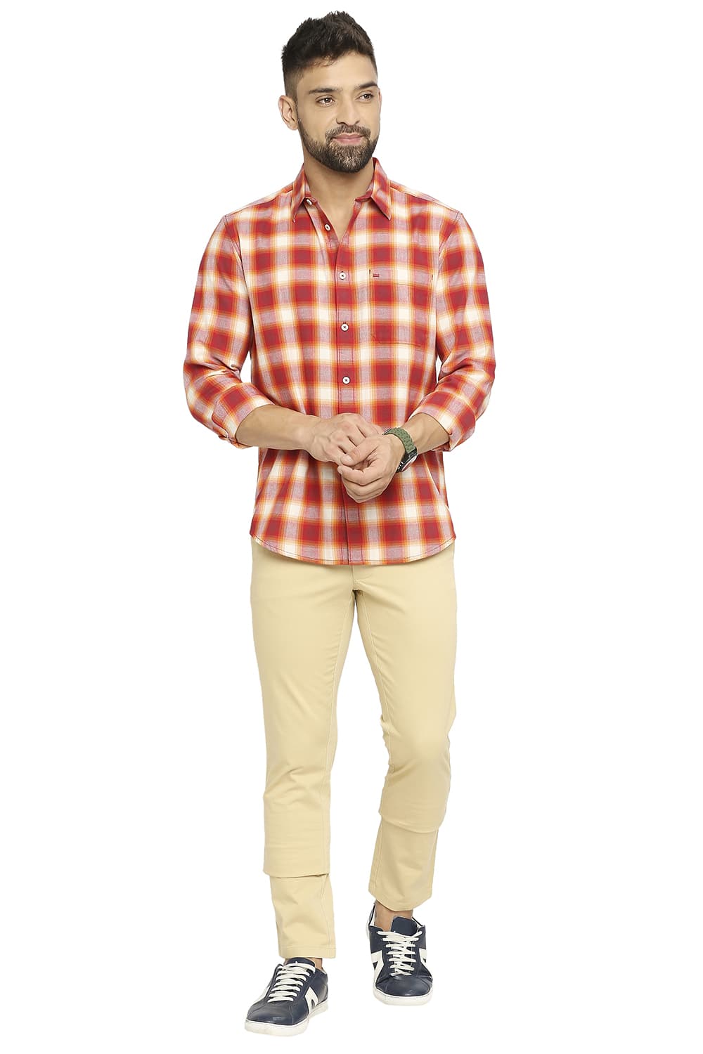 BASICS SLIM FIT COTTON BRUSHED TWILL CHECKS SHIRT