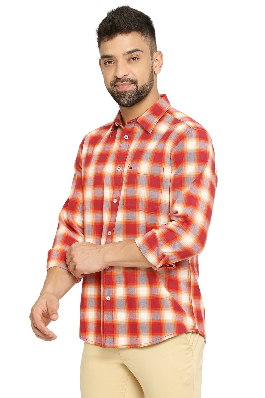 BASICS SLIM FIT ROCOCCO RED COTTON BRUSHED TWILL CHECKS SHIRT