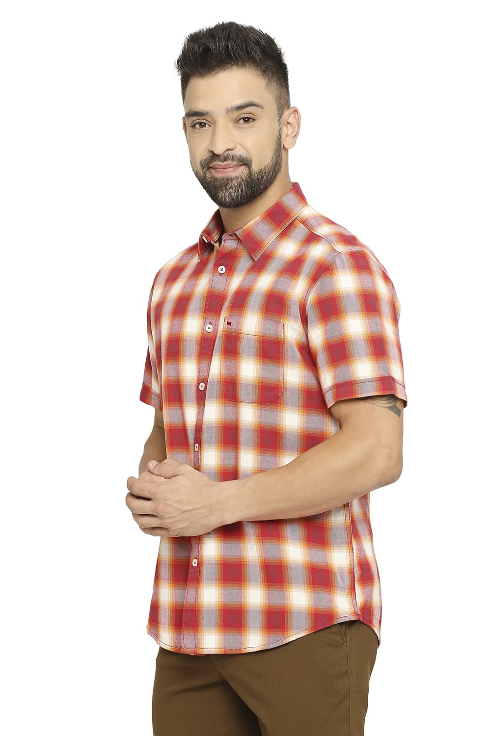 BASICS SLIM FIT COTTON BRUSHED TWILL CHECKS HALFSLEEVES SHIRT