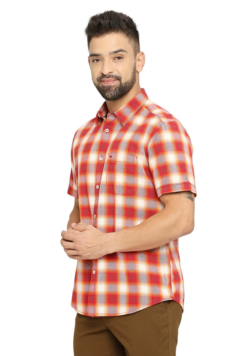 BASICS SLIM FIT COTTON BRUSHED TWILL CHECKS HALFSLEEVES SHIRT