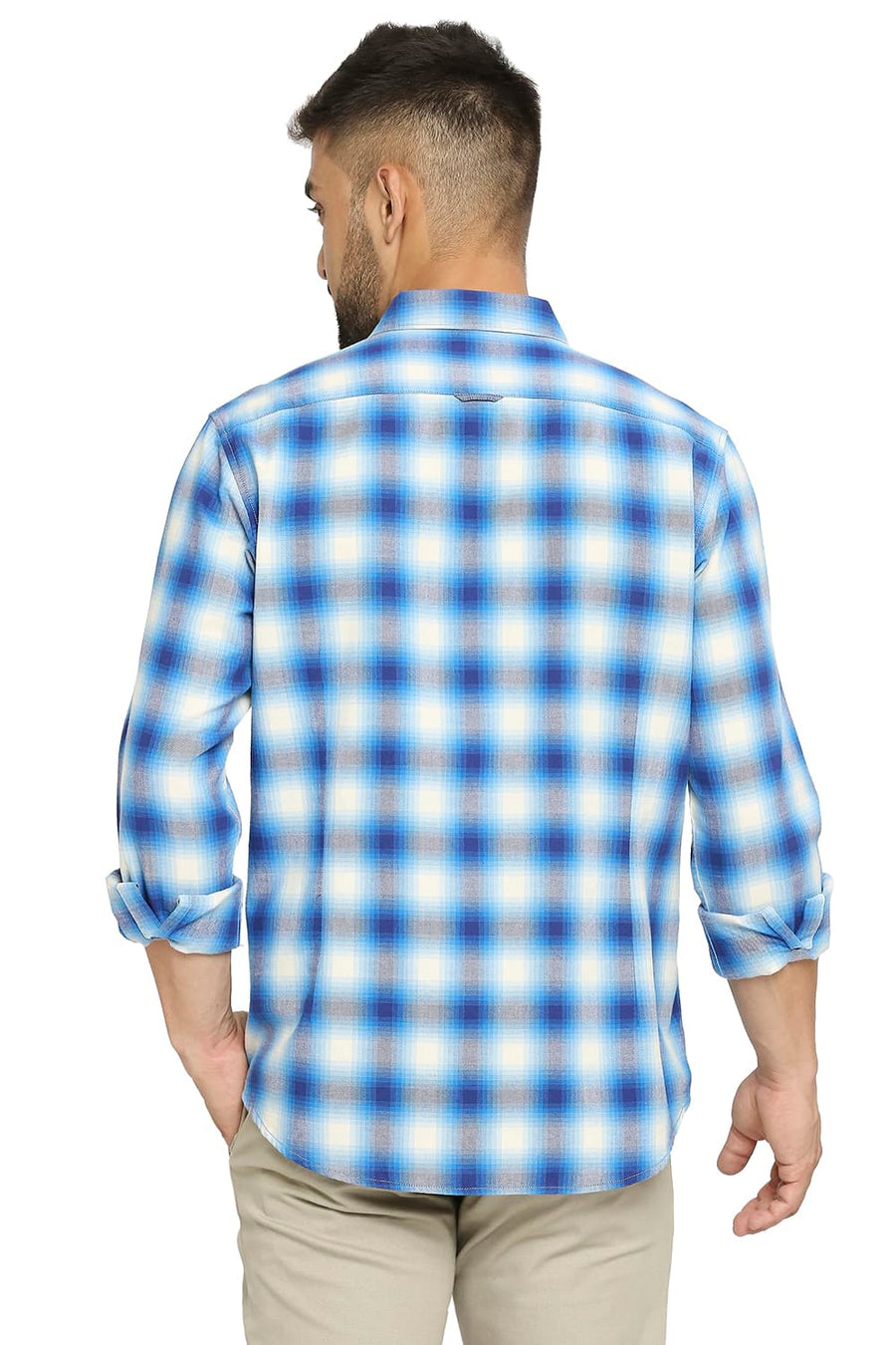 BASICS SLIM FIT DRESDEN BLUE COTTON BRUSHED TWILL CHECKS SHIRT