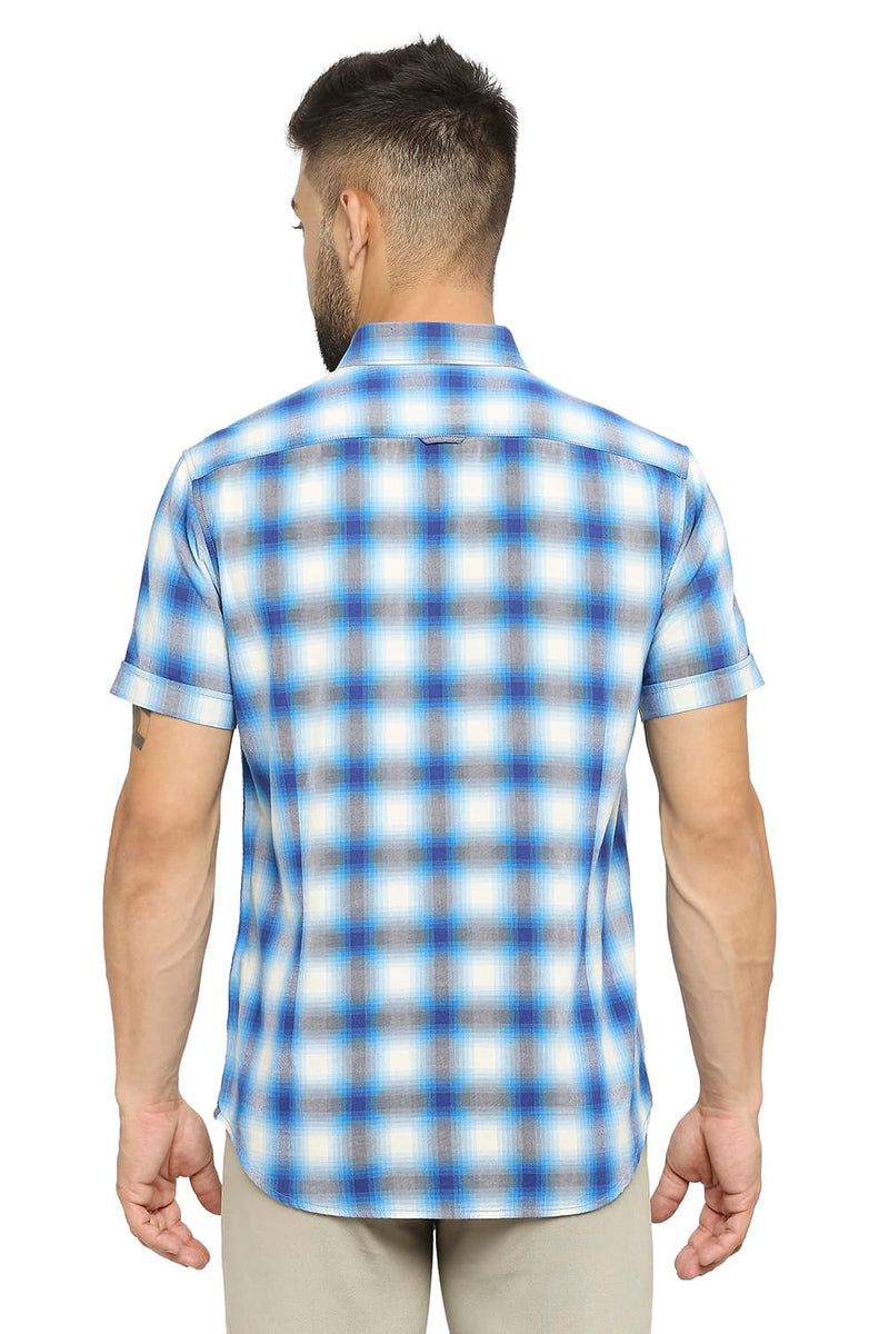 BASICS SLIM FIT COTTON BRUSHED TWILL CHECKS HALFSLEEVES SHIRT