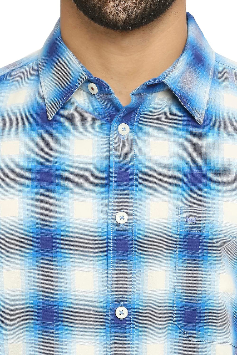 BASICS SLIM FIT DRESDEN BLUE COTTON BRUSHED TWILL CHECKS SHIRT