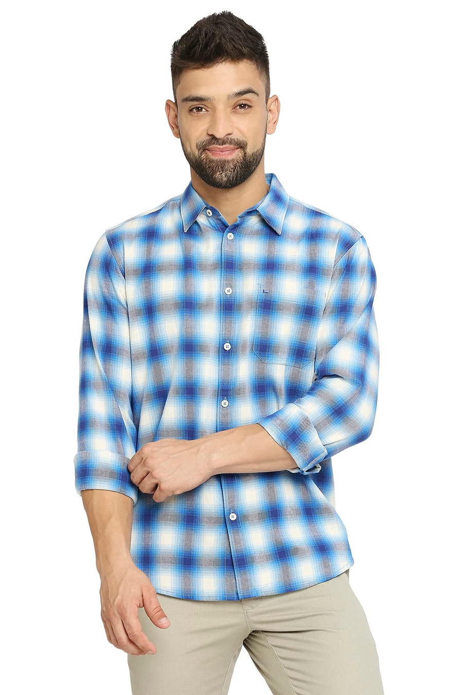 BASICS SLIM FIT DRESDEN BLUE COTTON BRUSHED TWILL CHECKS SHIRT