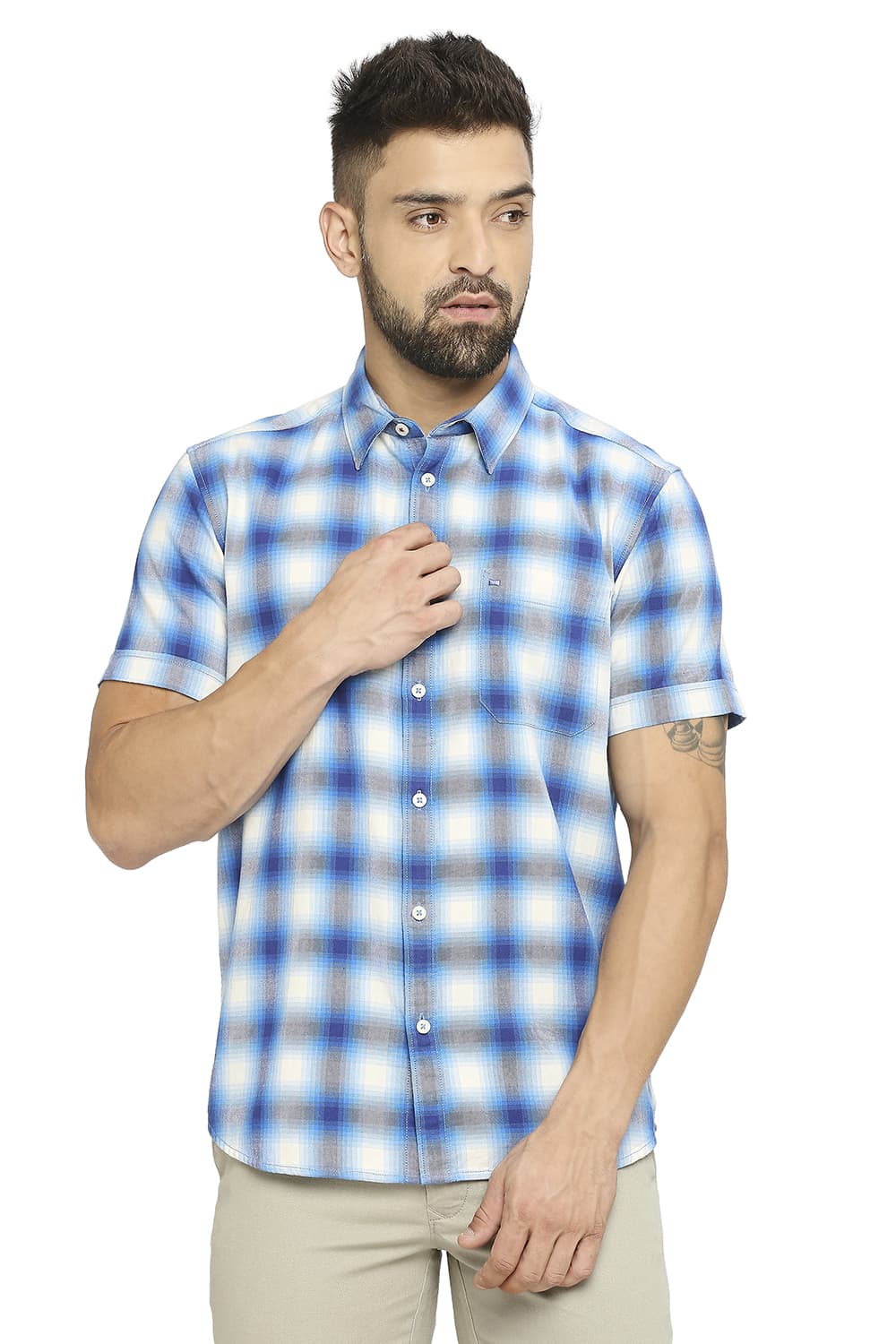 BASICS SLIM FIT COTTON BRUSHED TWILL CHECKS HALFSLEEVES SHIRT