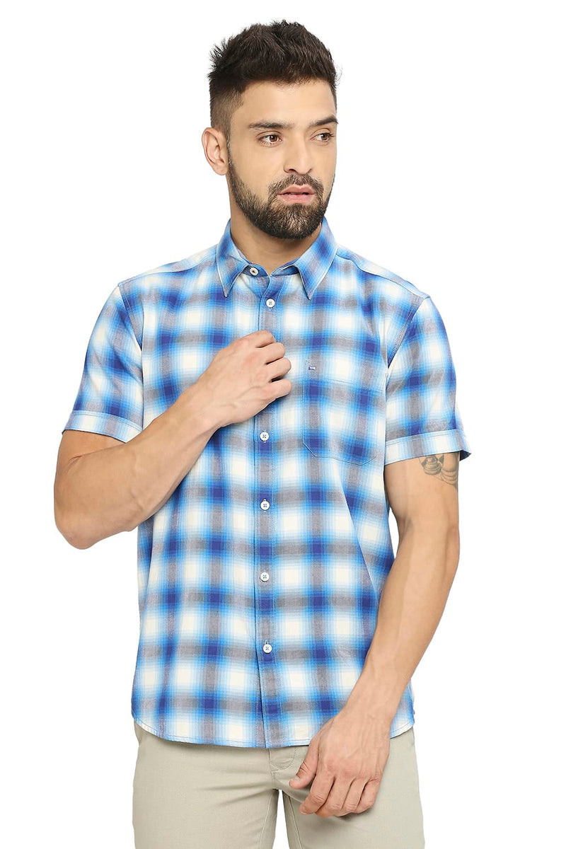 BASICS SLIM FIT COTTON BRUSHED TWILL CHECKS HALFSLEEVES SHIRT