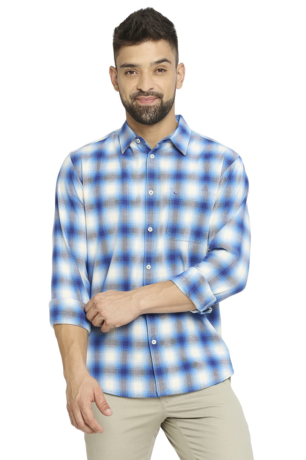 BASICS SLIM FIT COTTON BRUSHED TWILL CHECKS SHIRT