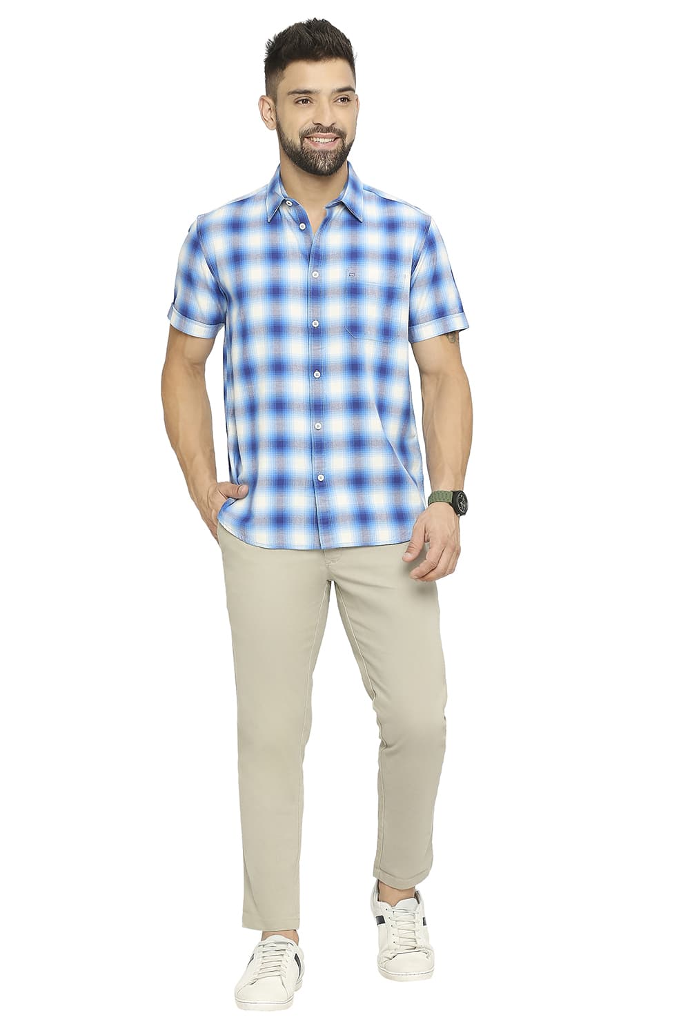 BASICS SLIM FIT COTTON BRUSHED TWILL CHECKS HALFSLEEVES SHIRT